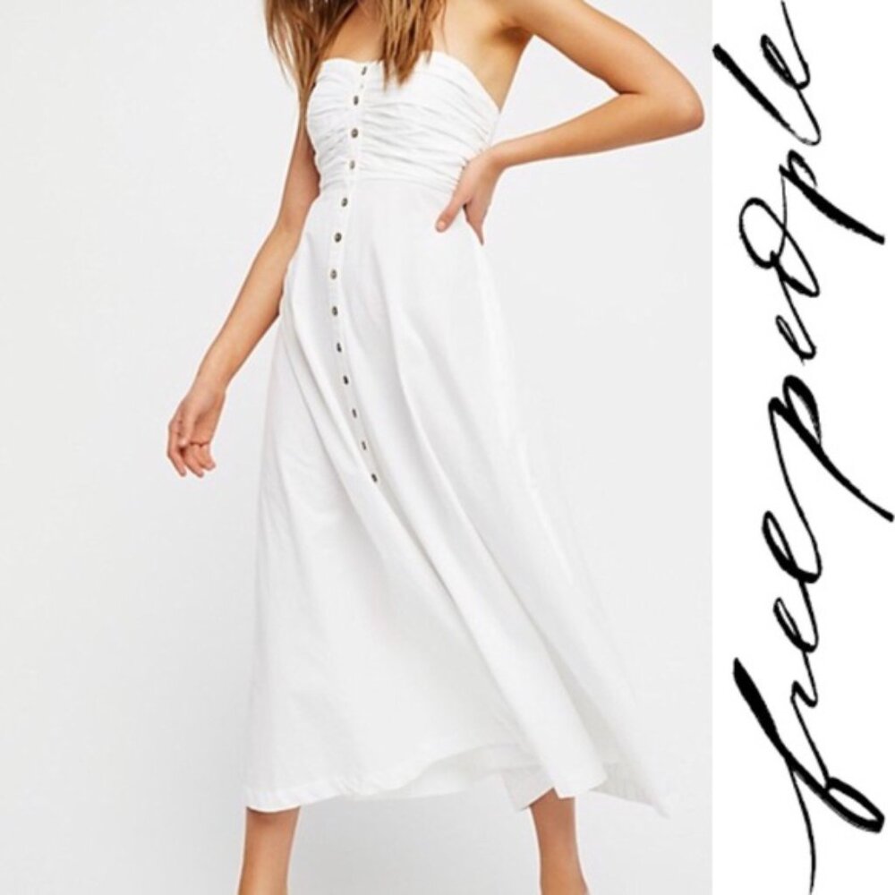Free People Off White Cotton The Isha Tube Smocked Strapless Midi Dress Small